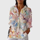 Leichte und farbenfrohe Druckbluse - Vögel Aquarell Weiß